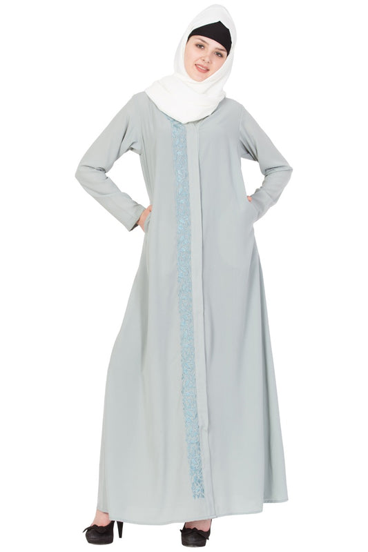 Front Open-Embroidered Abaya- Sea Green