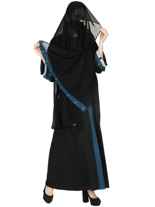 Front Open Abaya With Contrast Panels and Handwork Embellishment