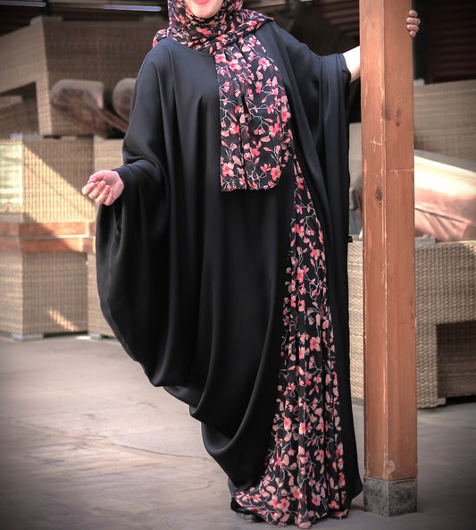 Elegant Black Kaftan With A Printed Panel Inserted Within.