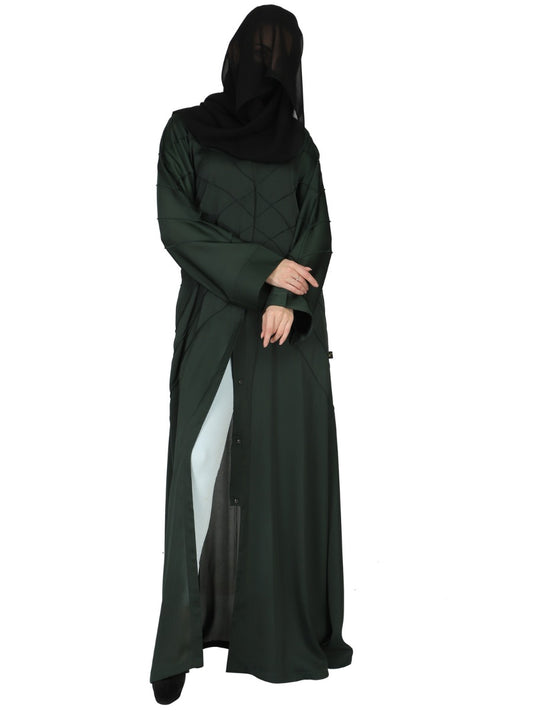 Elegant- Front Open Abaya With Criss-Crossed Pleats.