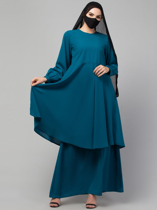 Modest Co-ord Set: Loose-Fit Long Top with Elasticated Sleeves and Flared Skirt, Ideal for Students and Working Women