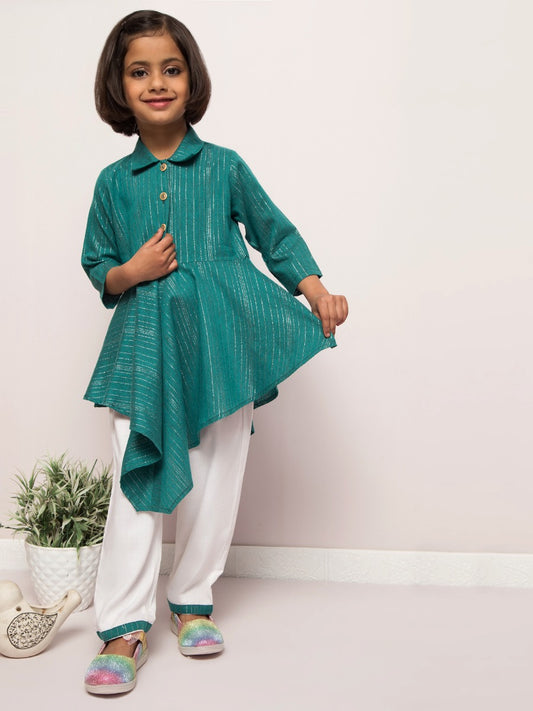 Asymmetrical Top With White Pajama- 2 pcs Set