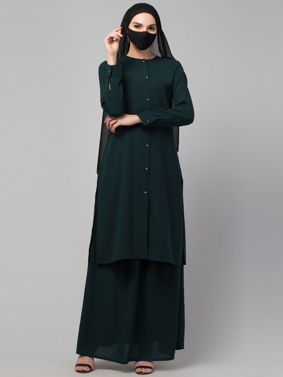 Modest Co-ord Set: Front Open Long Top with Slim Sleeves, Side Slits, and Flared Skirt, Ideal for Students and Working Women