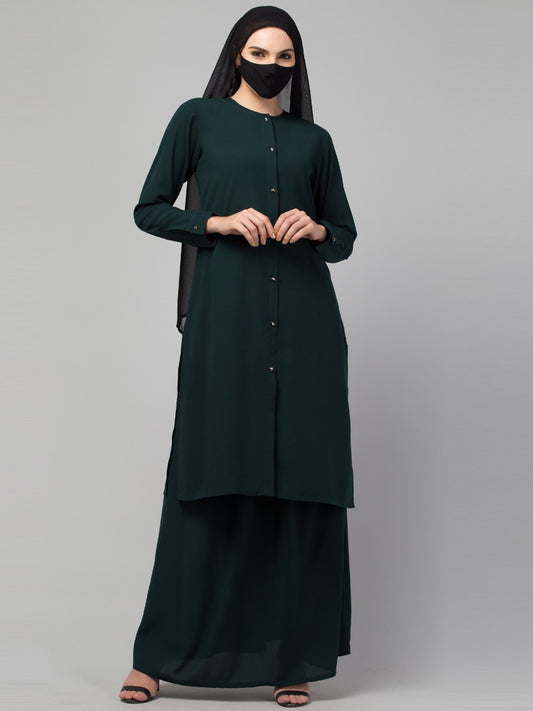 Modest Co-ord Set: Front Open Long Top with Slim Sleeves, Side Slits, and Flared Skirt, Ideal for Students and Working Women