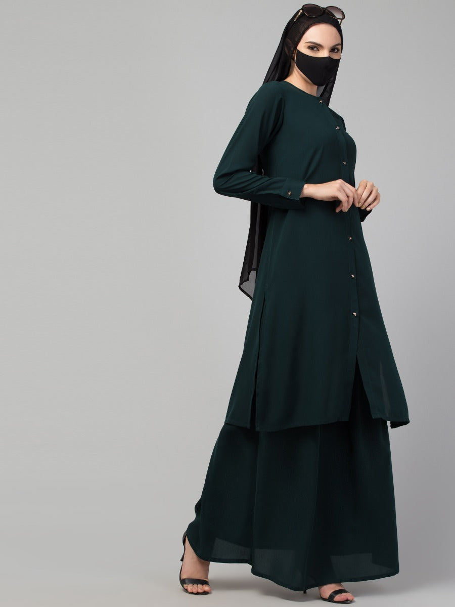 Modest Co-ord Set: Front Open Long Top with Slim Sleeves, Side Slits, and Flared Skirt, Ideal for Students and Working Women