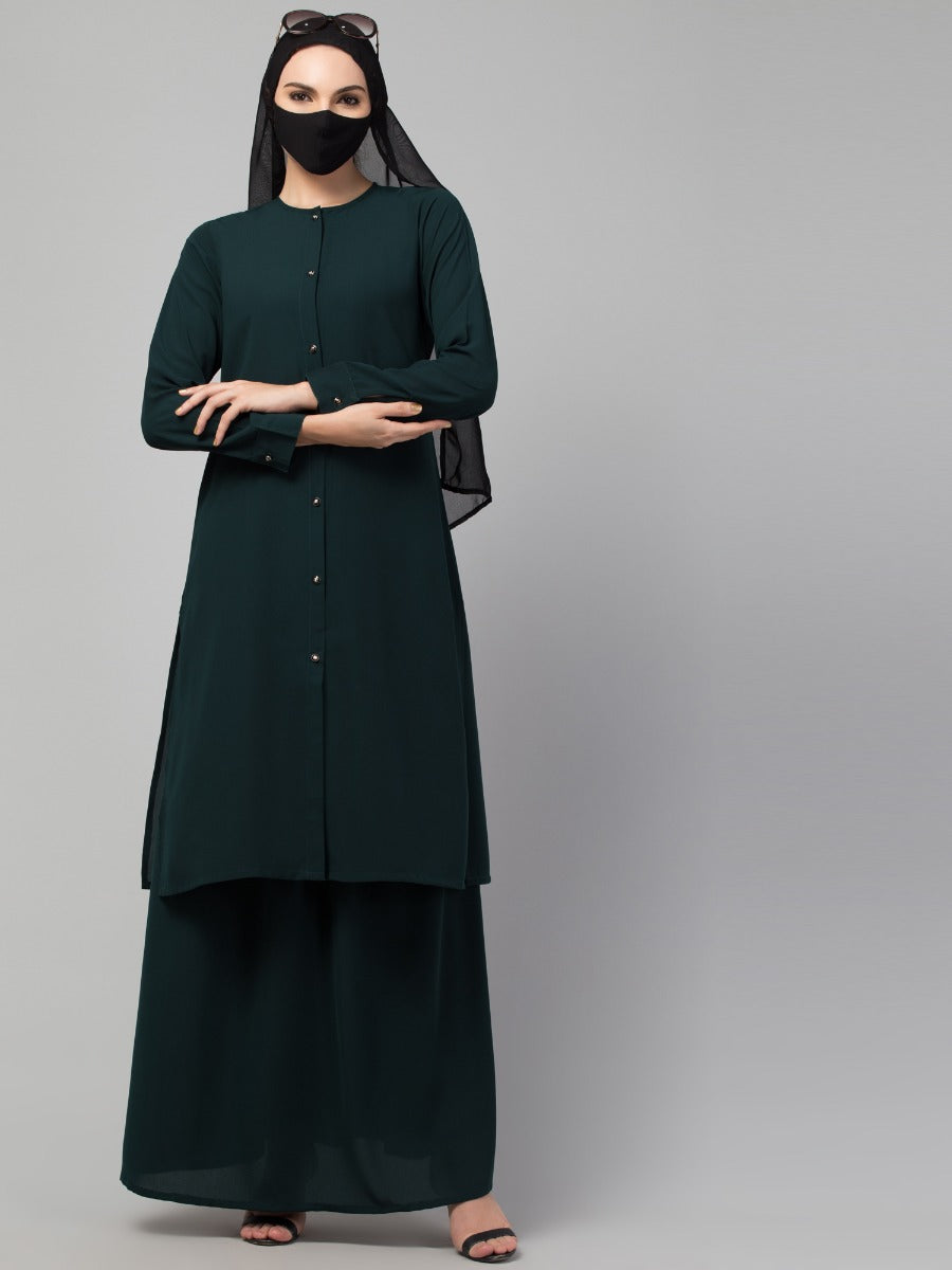 Modest Co-ord Set: Front Open Long Top with Slim Sleeves, Side Slits, and Flared Skirt, Ideal for Students and Working Women