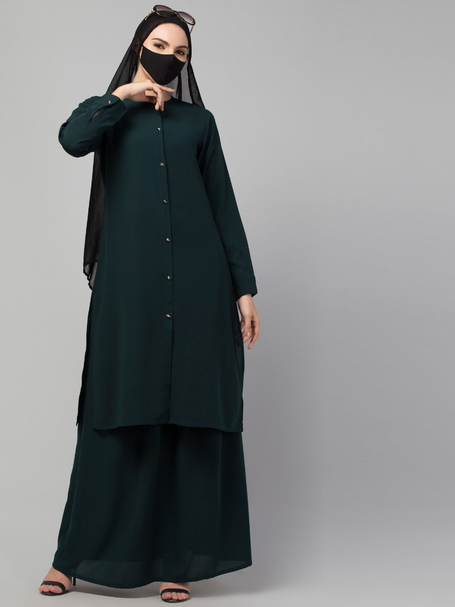 Modest Co-ord Set: Front Open Long Top with Slim Sleeves, Side Slits, and Flared Skirt, Ideal for Students and Working Women