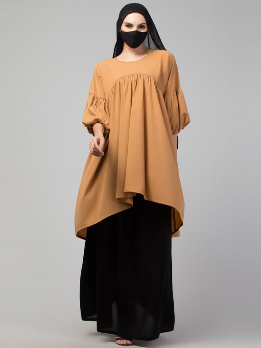 Modest Co-ord Set: Designer Long Top with Balloon Sleeves and Flared Skirt