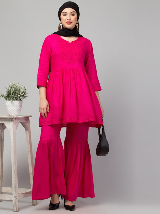 Two Pcs Sharara-Kurta Set With  Chikankari Work In Rayon Fabric