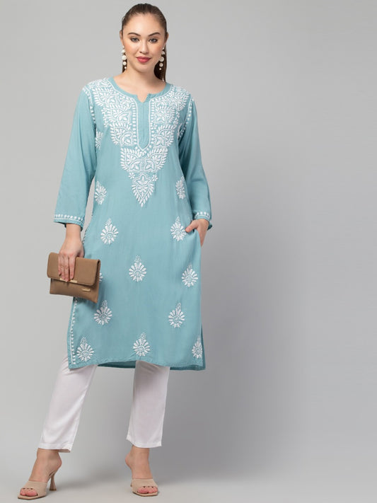 Long Rayon Kurti With Hand Chikankari Work