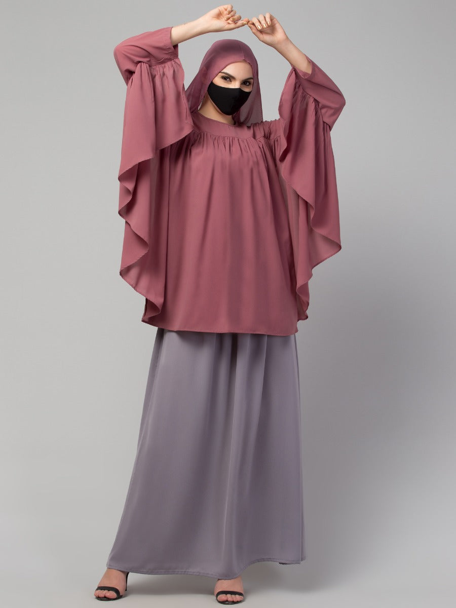 Modest Co-ord Set: Designer Loose-Fit Top with Frills and Flared Skirt, Perfect for Students and Working Women