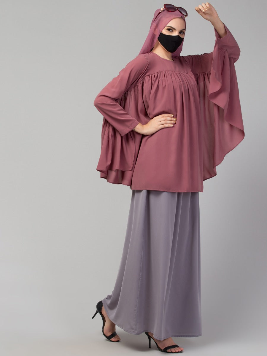 Modest Co-ord Set: Designer Loose-Fit Top with Frills and Flared Skirt, Perfect for Students and Working Women