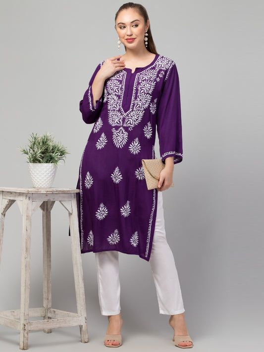 Long Rayon Kurti With Hand Chikankari Work