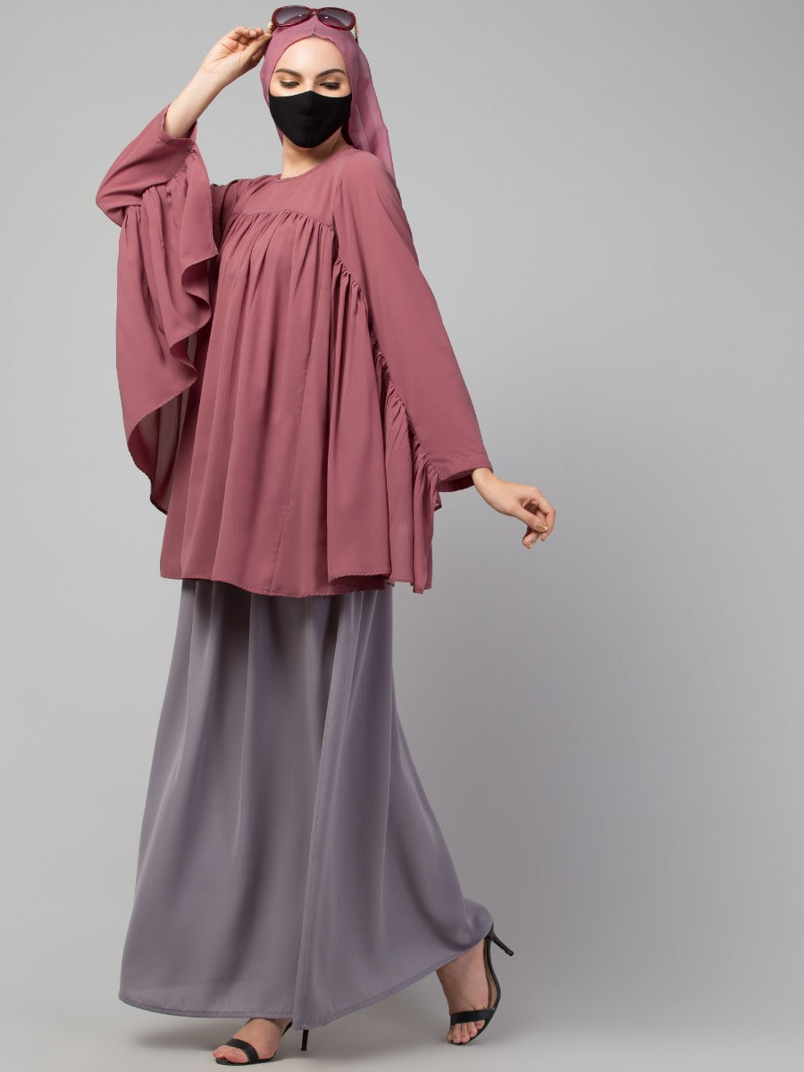 Modest Co-ord Set: Designer Loose-Fit Top with Frills and Flared Skirt, Perfect for Students and Working Women