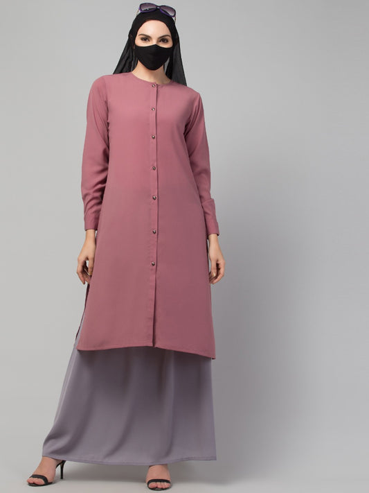 Modest Co-ord Set: Front Open Long Top with Slim Sleeves, Side Slits, and Flared Skirt, Ideal for Students and Working Women