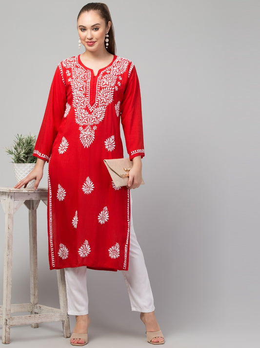 Long Rayon Kurti With Hand Chikankari Work