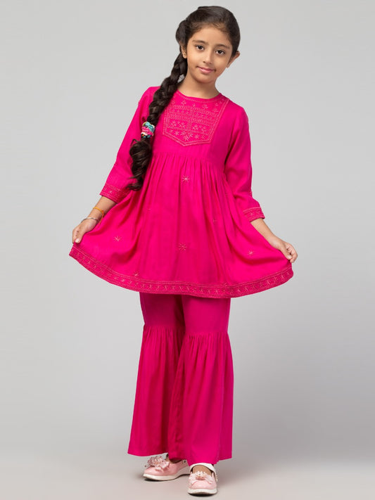 Two Pieces Sharara Set- Embroidered Top With Sharara