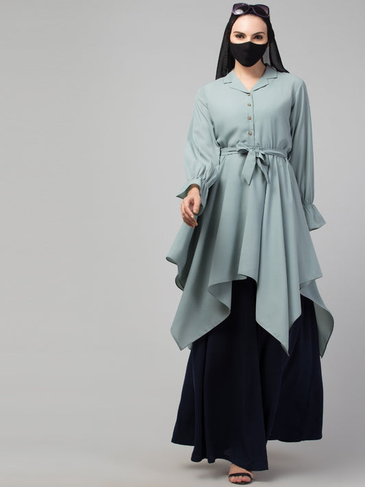 Modest Co-ord Set: Asymmetrical Pattern Top with Collar and Elasticated Bell Sleeves, Flared Skirt for Students and Working Women