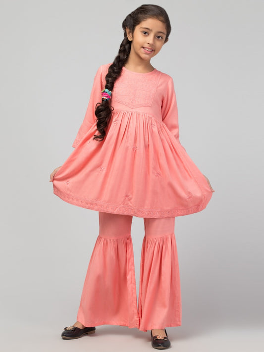 Two Pieces Sharara Set- Embroidered Top With Sharara