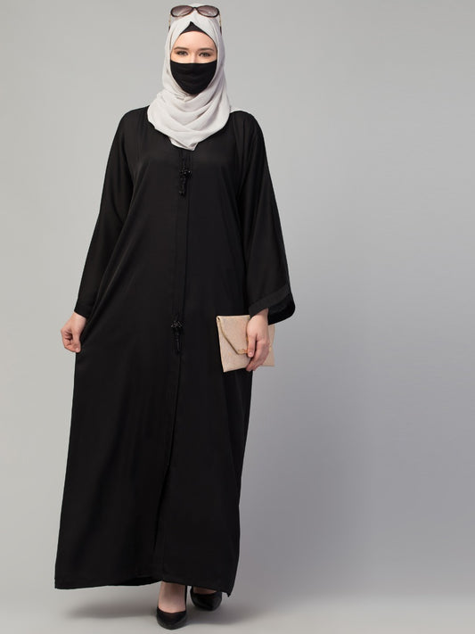 Front Open Abaya In Imported Nida Fabric With Embellished Tassels