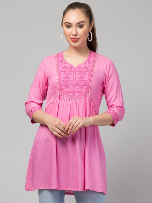 Long Top In Rayon Fabric With Chikan Embroidery
