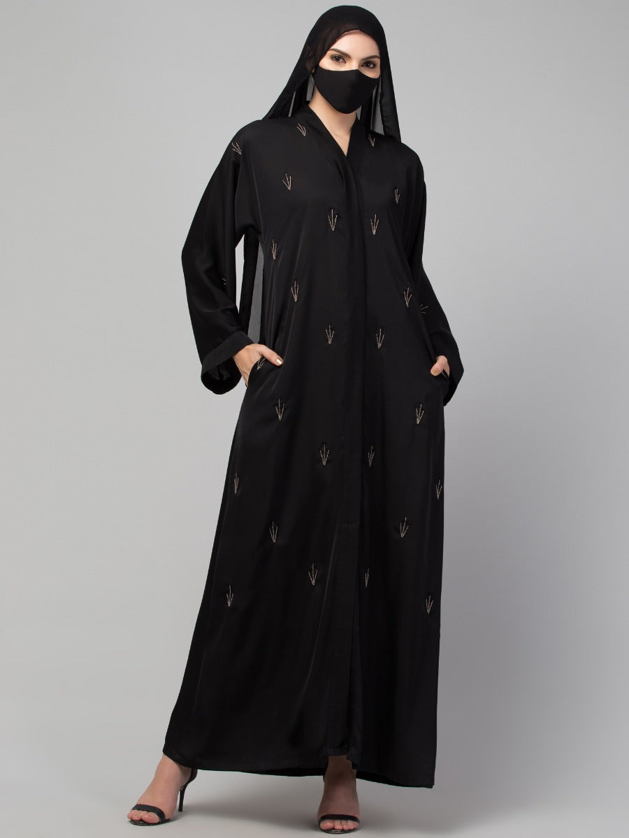 Occasion Wear Front Open Abaya: Handwork Embellishments with Matching Stole, Premium Nida Fabric