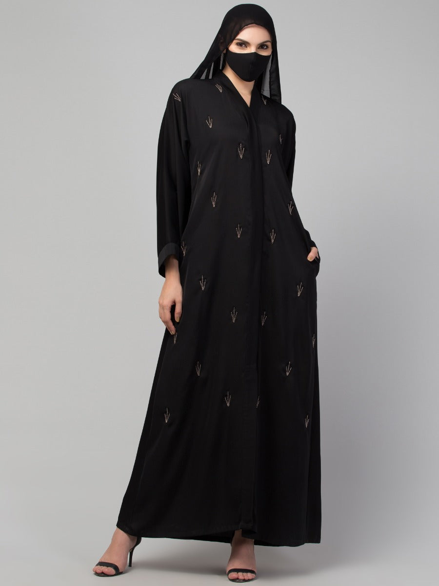 Occasion Wear Front Open Abaya: Handwork Embellishments with Matching Stole, Premium Nida Fabric