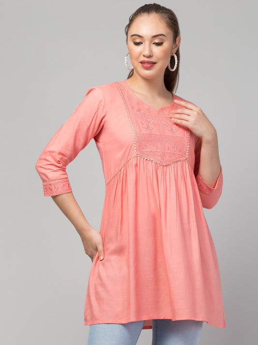 Long Top In Rayon Fabric With Chikan Embroidery