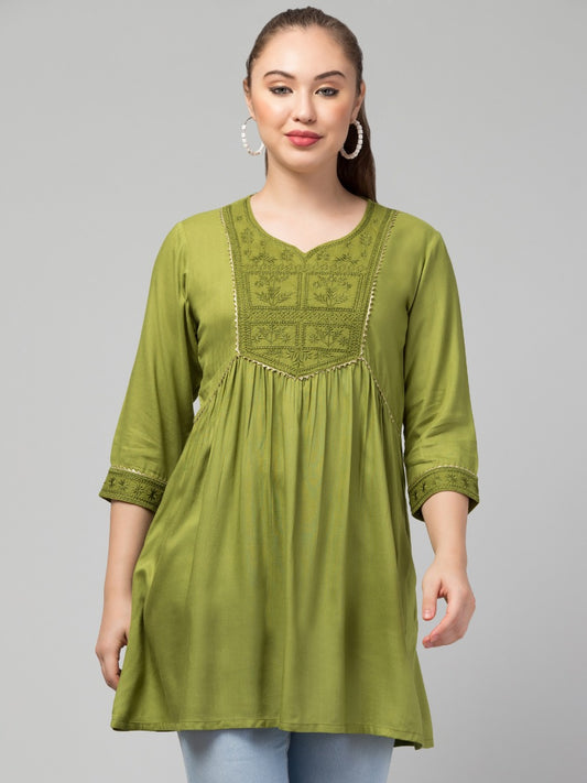 Long Top In Rayon Fabric With Chikan Embroidery