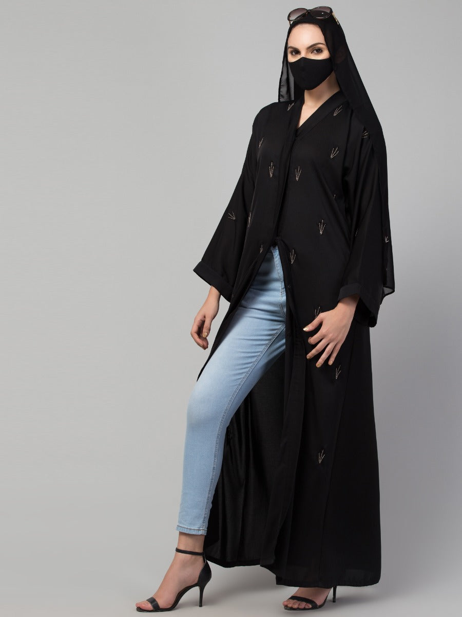 Occasion Wear Front Open Abaya: Handwork Embellishments with Matching Stole, Premium Nida Fabric