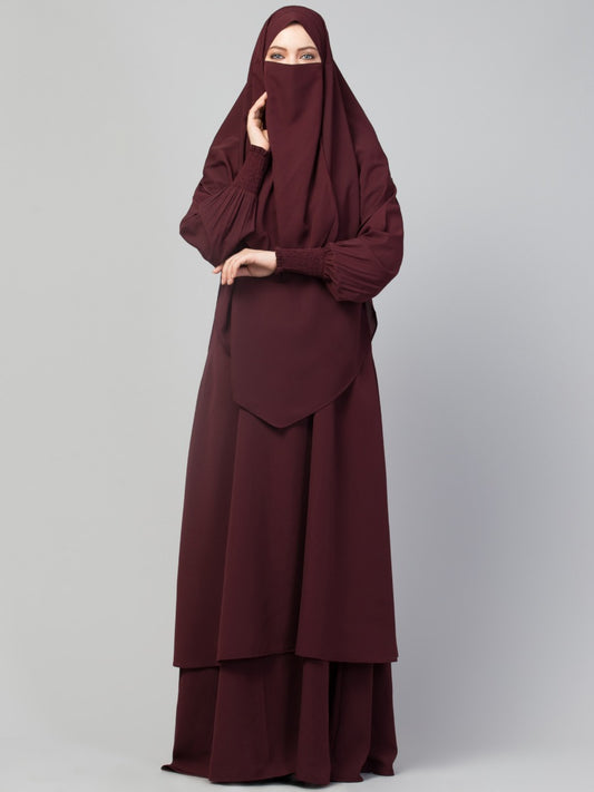 Four Pieces Set- Double Abaya Set With Khimar, Stole & Mouth Piece.