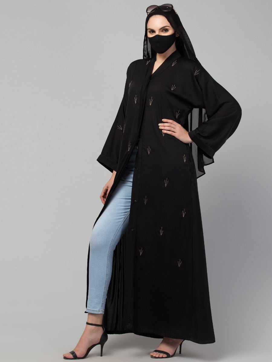 Occasion Wear Front Open Abaya: Handwork Embellishments with Matching Stole, Premium Nida Fabric