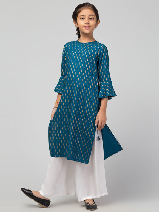 Two Pieces Set- Printed Kurti With White Pallazo