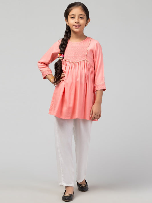 Embroidered Long Top For Girls In Rayon Fabric