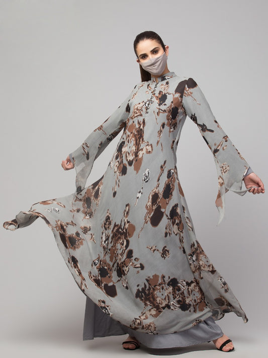 Printed Floral Dress With Umbrella Flare.