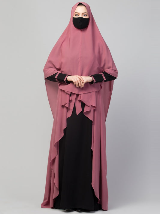 Four Pieces Set- Dual Layer Abaya With Khimar, Shrug & Stole Hijab.
