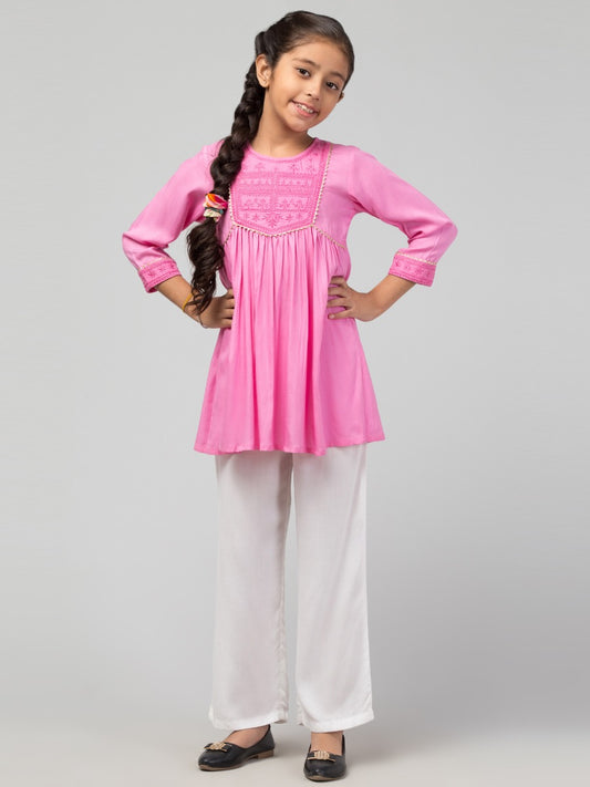 Embroidered Long Top For Girls In Rayon Fabric