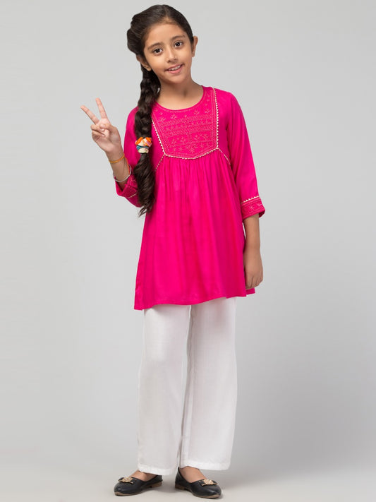 Embroidered Long Top For Girls In Rayon Fabric