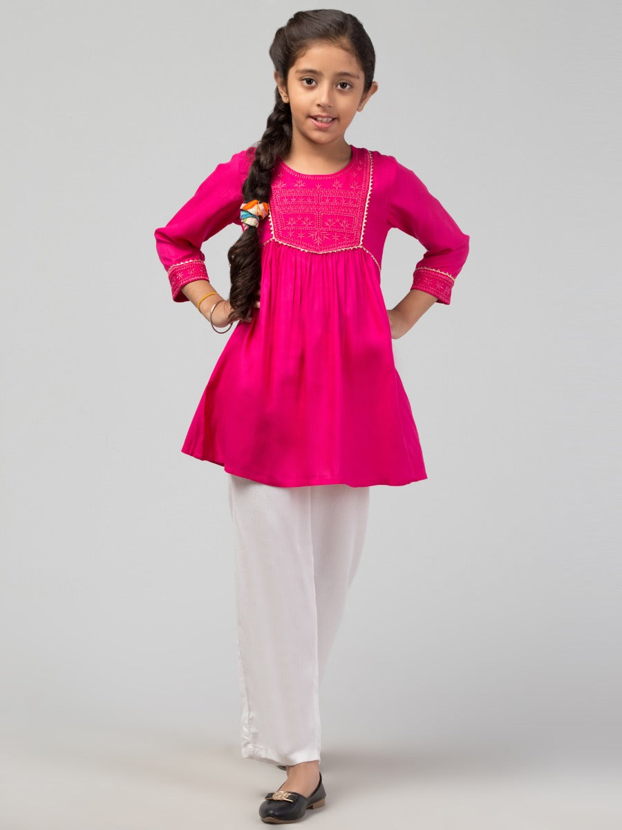 Embroidered Long Top For Girls In Rayon Fabric