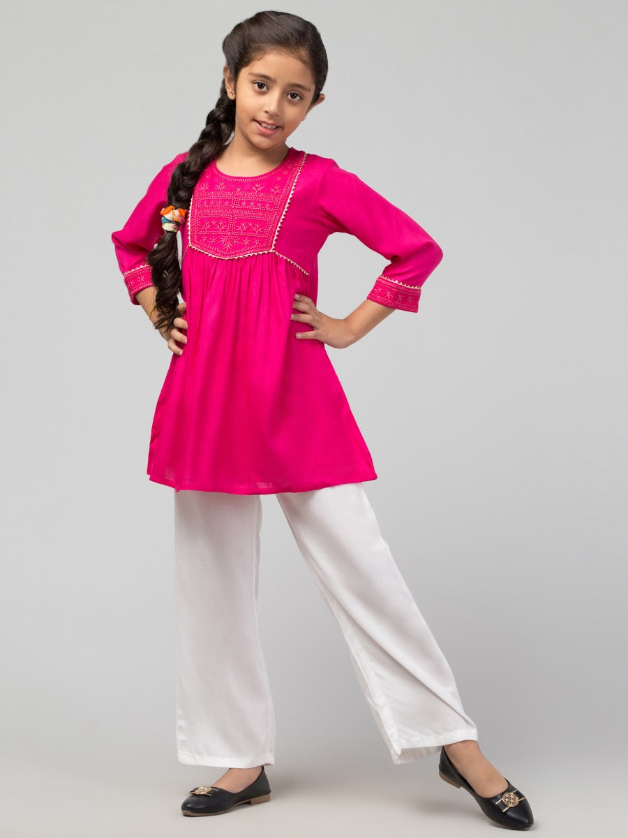 Embroidered Long Top For Girls In Rayon Fabric