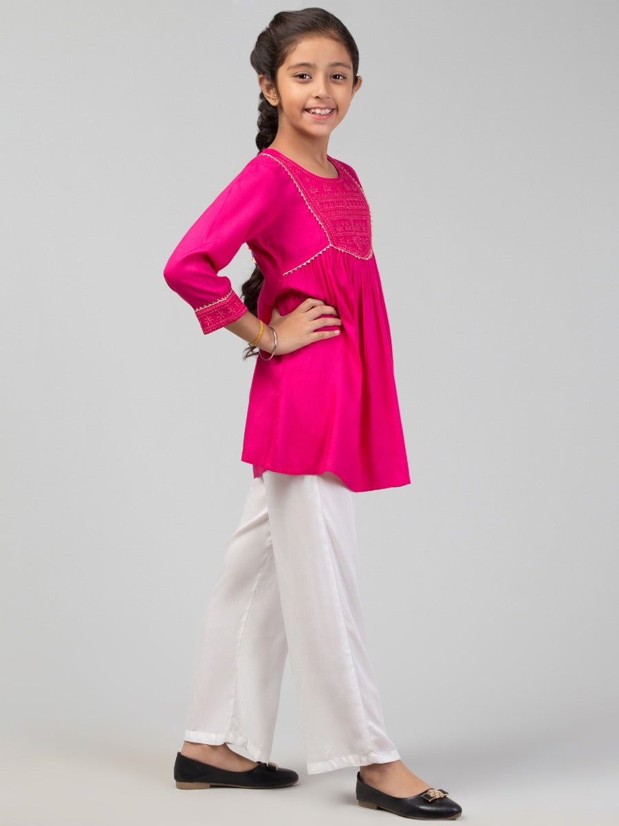 Embroidered Long Top For Girls In Rayon Fabric