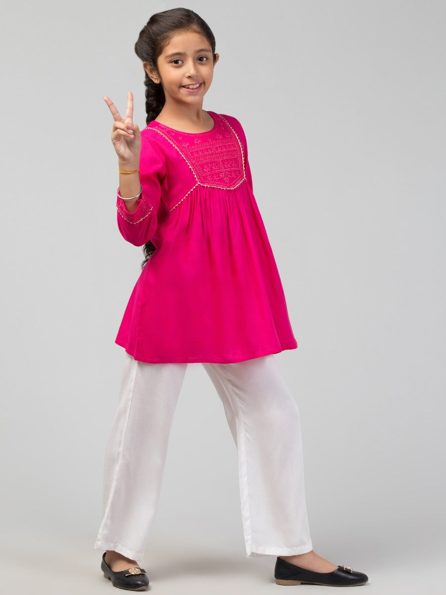 Embroidered Long Top For Girls In Rayon Fabric