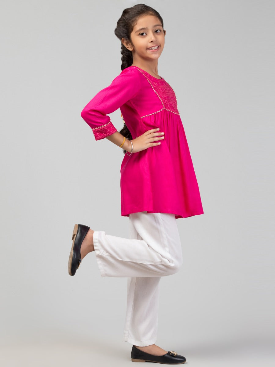 Embroidered Long Top For Girls In Rayon Fabric