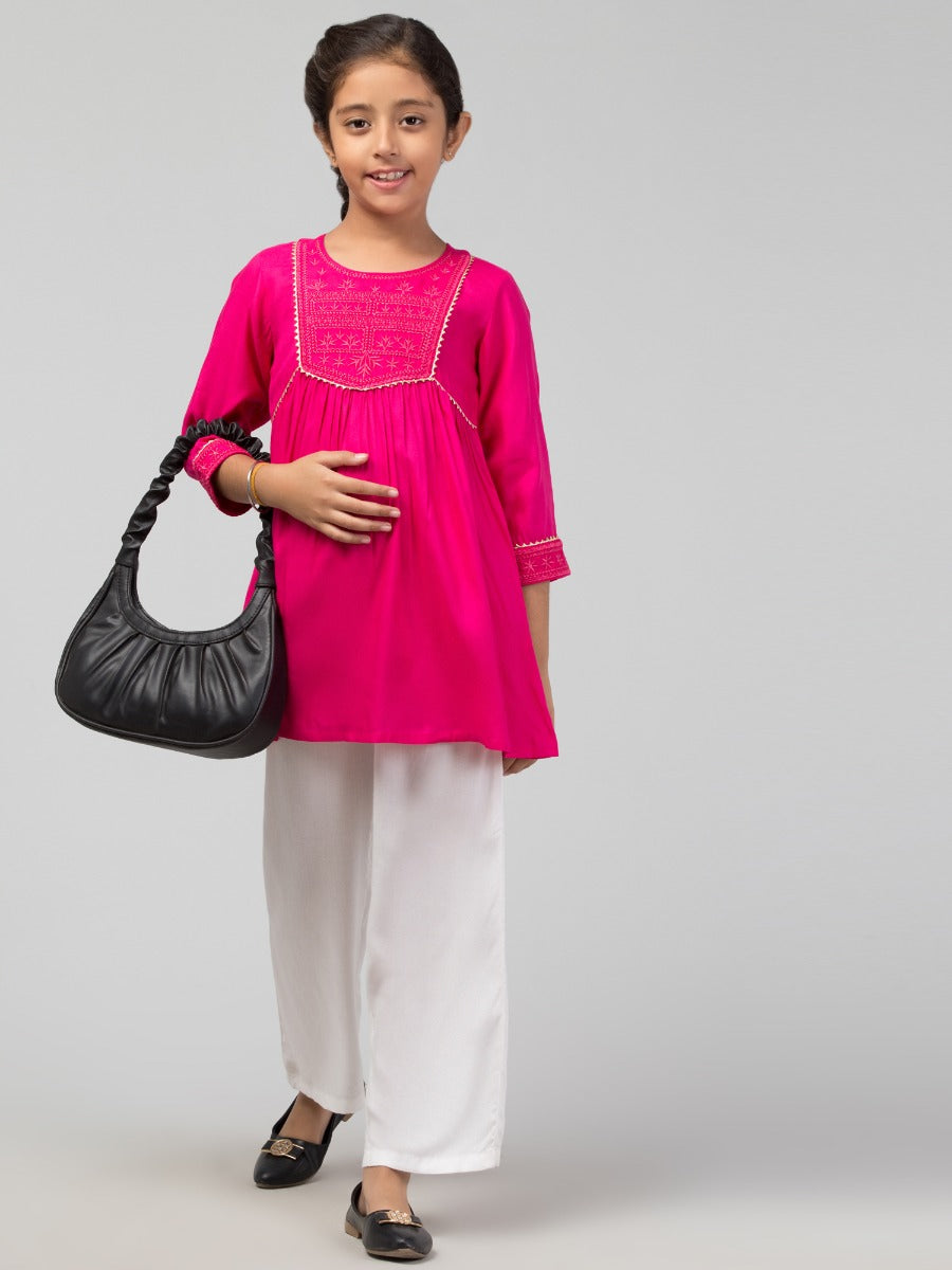 Embroidered Long Top For Girls In Rayon Fabric