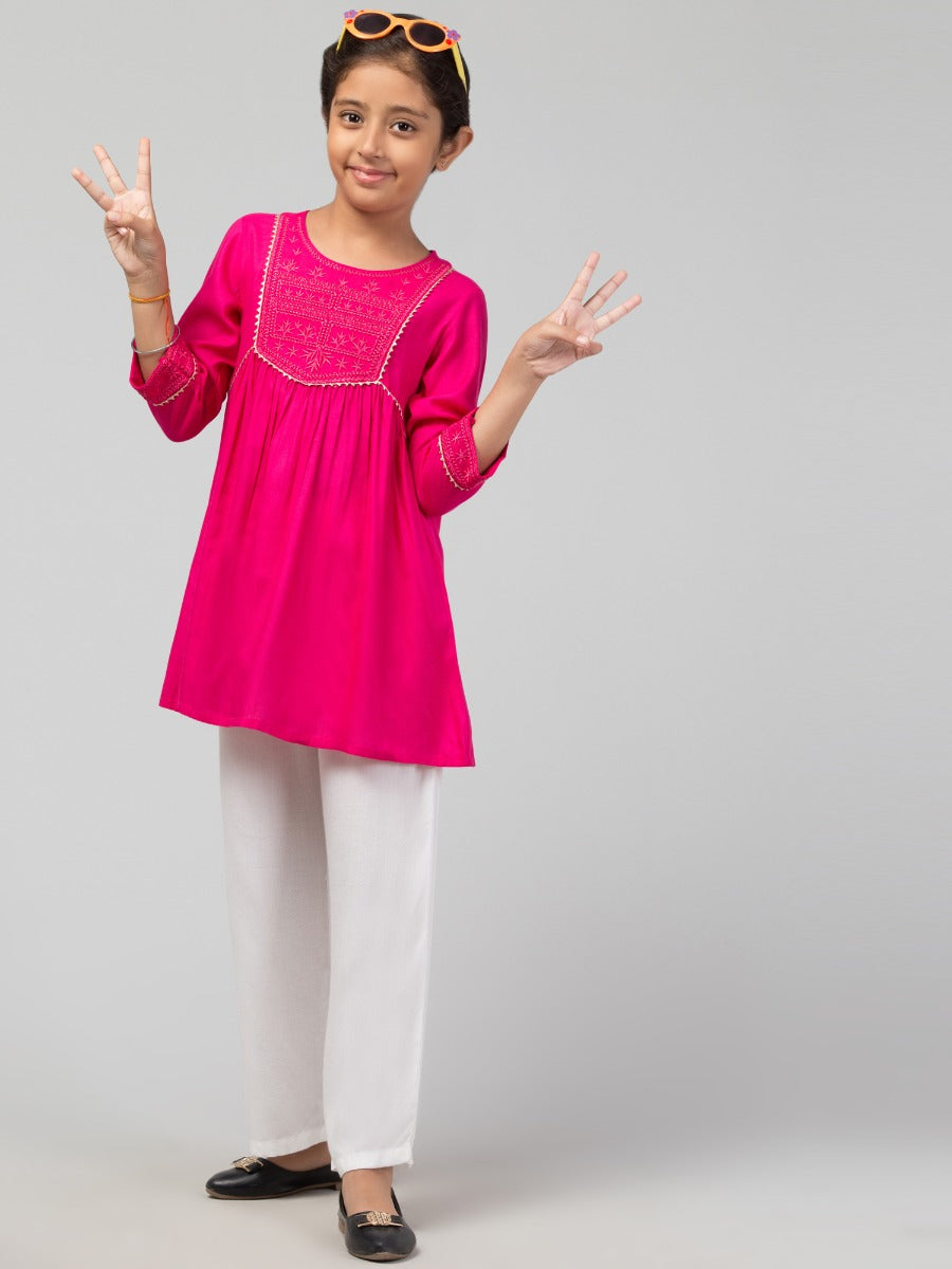 Embroidered Long Top For Girls In Rayon Fabric
