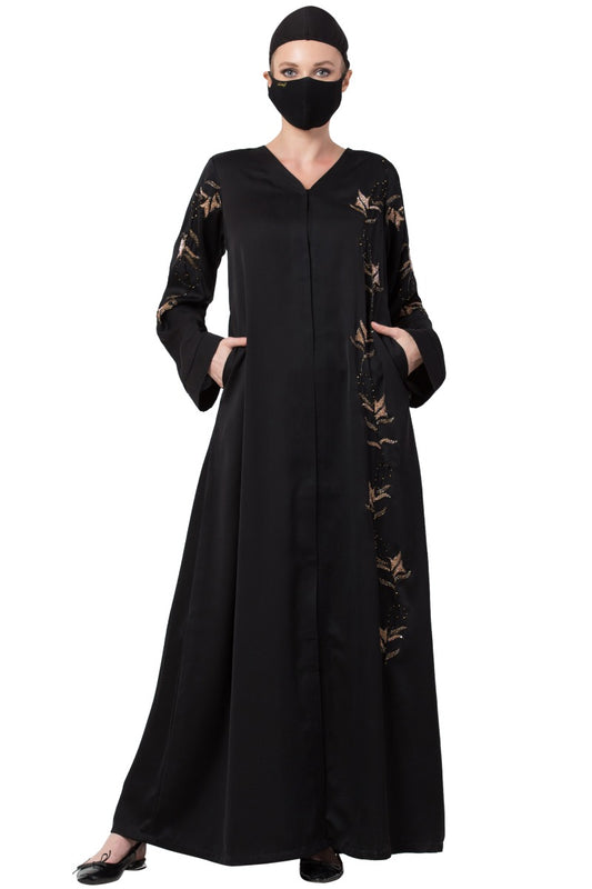 Mushkiya-Front Open Dress With Hand Work Embellishments-Not An Abaya