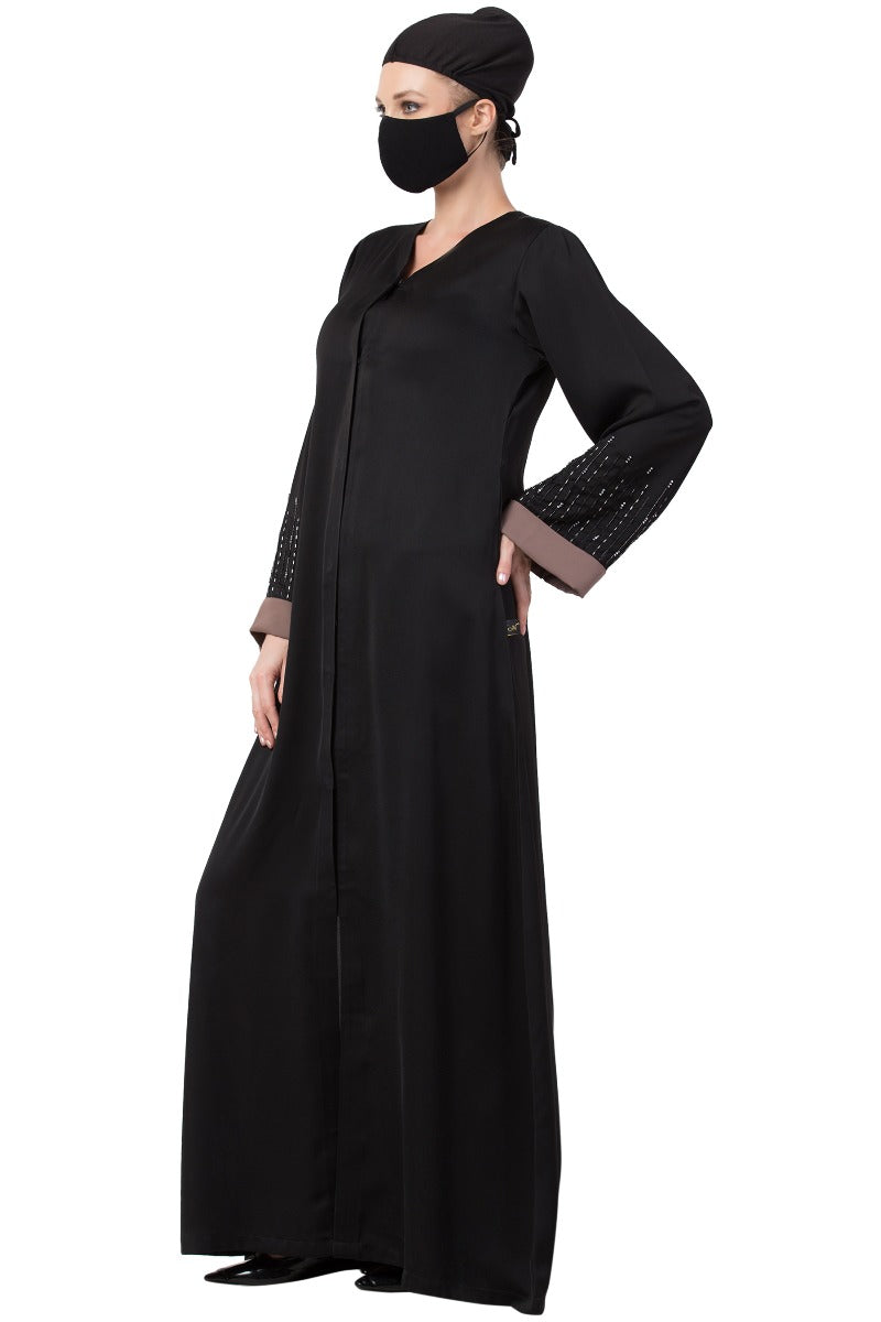 Mushkiya-Front Open Dress With Hand Work Embellishments On Sleeves-Not An Abaya