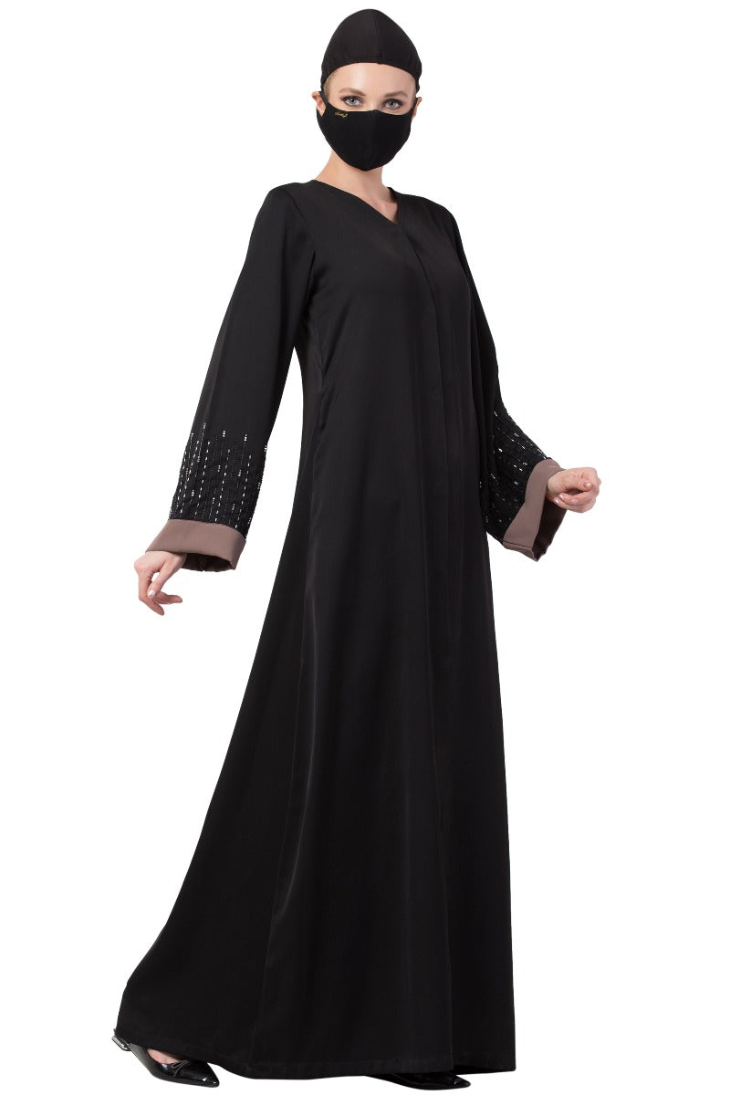Mushkiya-Front Open Dress With Hand Work Embellishments On Sleeves-Not An Abaya