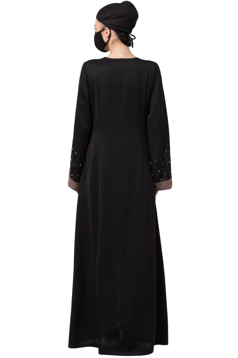 Mushkiya-Front Open Dress With Hand Work Embellishments On Sleeves-Not An Abaya