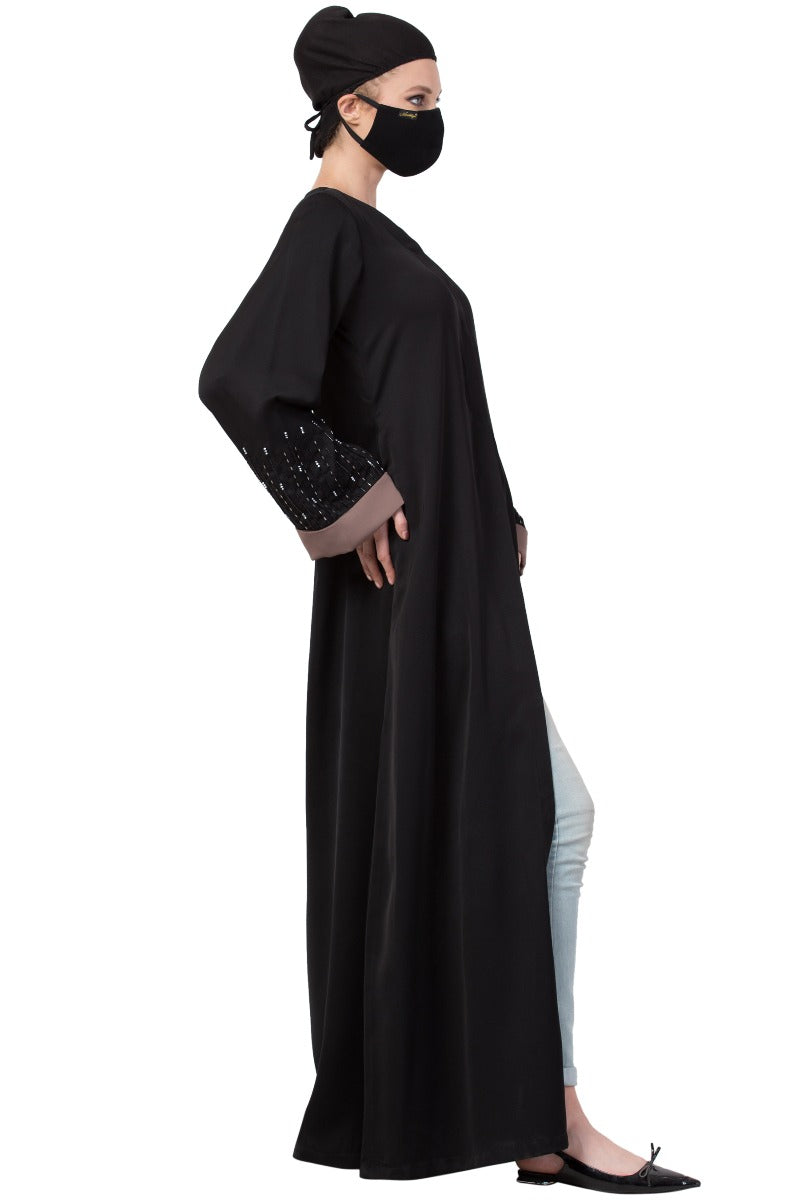 Mushkiya-Front Open Dress With Hand Work Embellishments On Sleeves-Not An Abaya